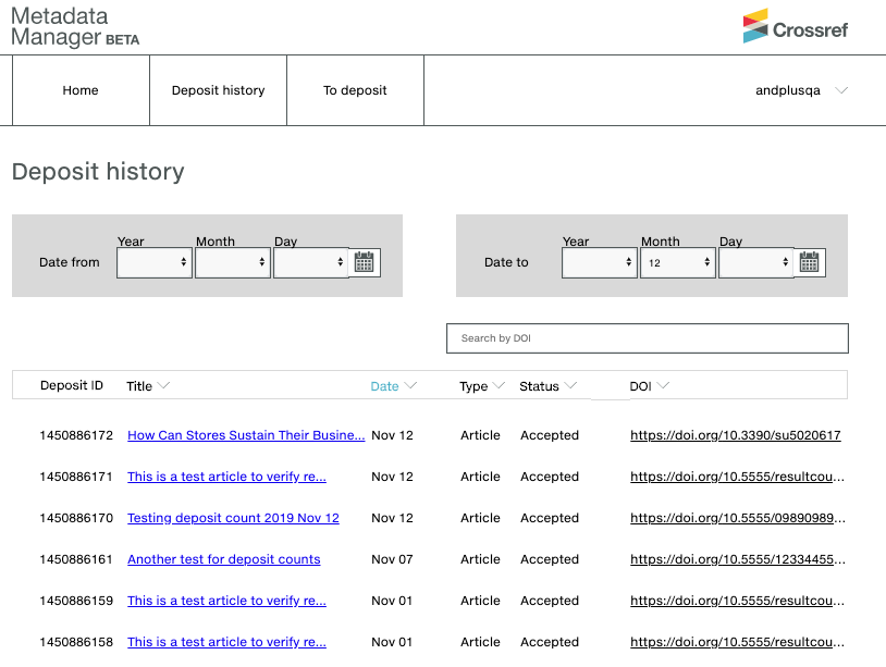 Metadata Manager Deposit History